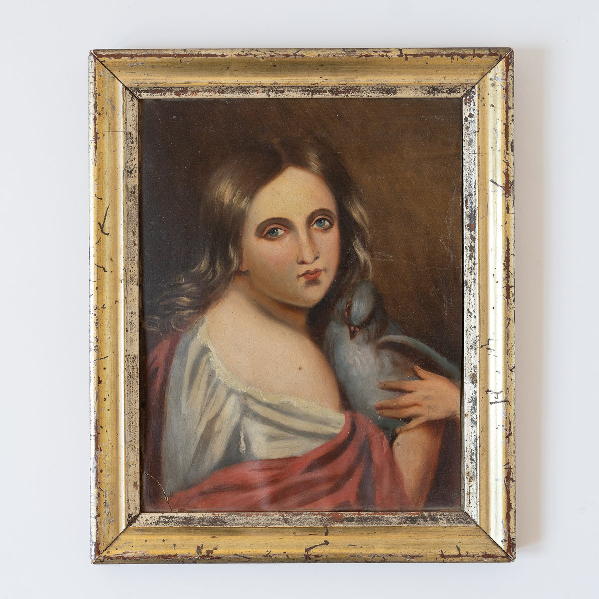 Antique French Oil Painting Portrait with Dove, Oil on Paper in Water Gilt Frame