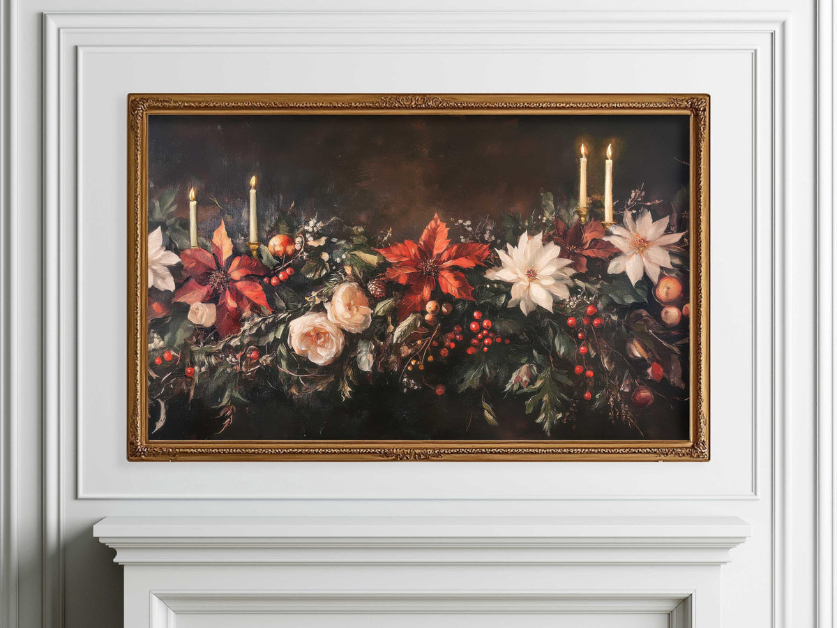 Vintage Winter Floral Christmas Frame TV Art, Holiday Botanical Flower Painting TV Digital Download, Dark Academia Moody Christmas Decor