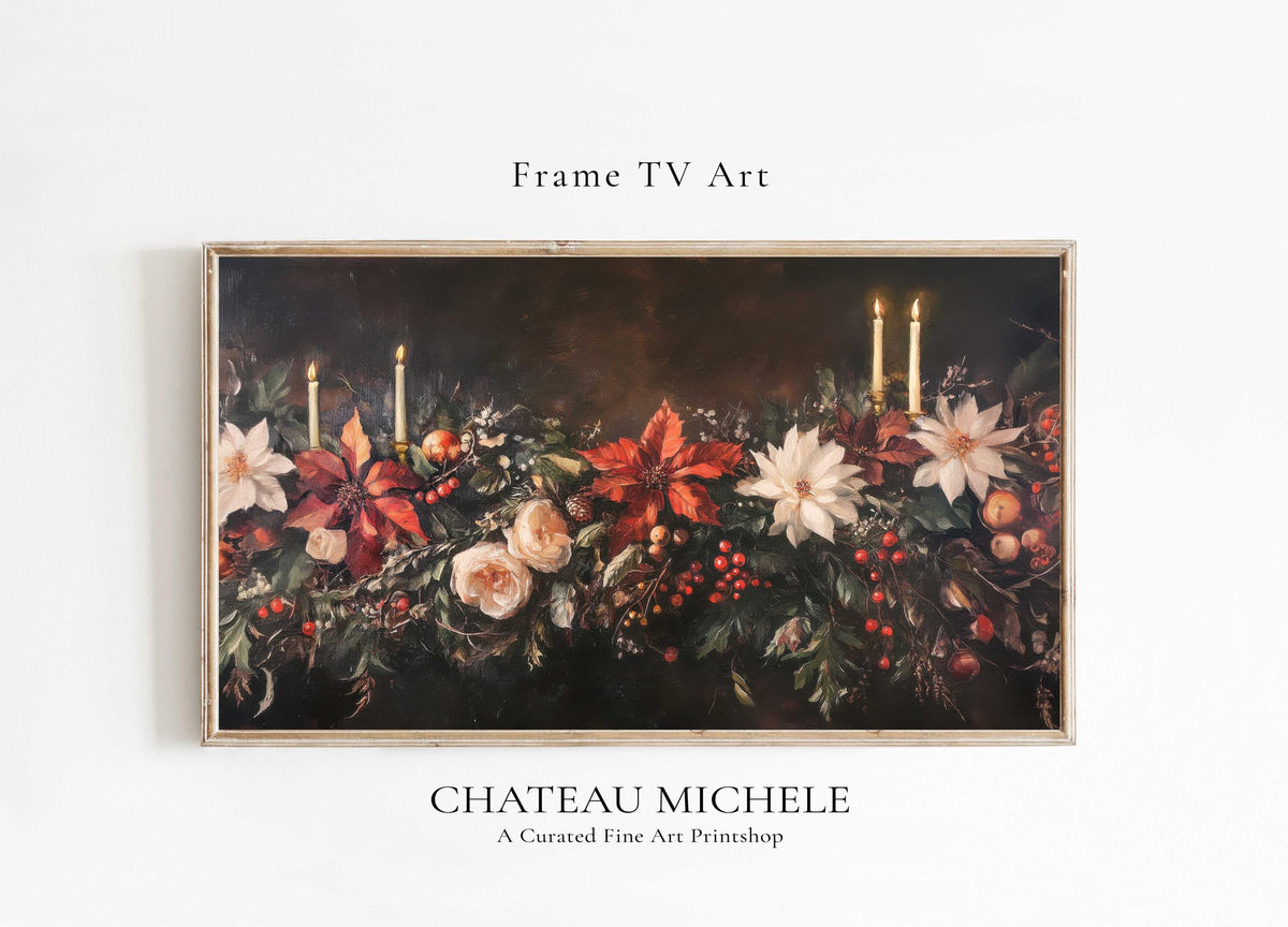 Vintage Winter Floral Christmas Frame TV Art, Holiday Botanical Flower Painting TV Digital Download, Dark Academia Moody Christmas Decor