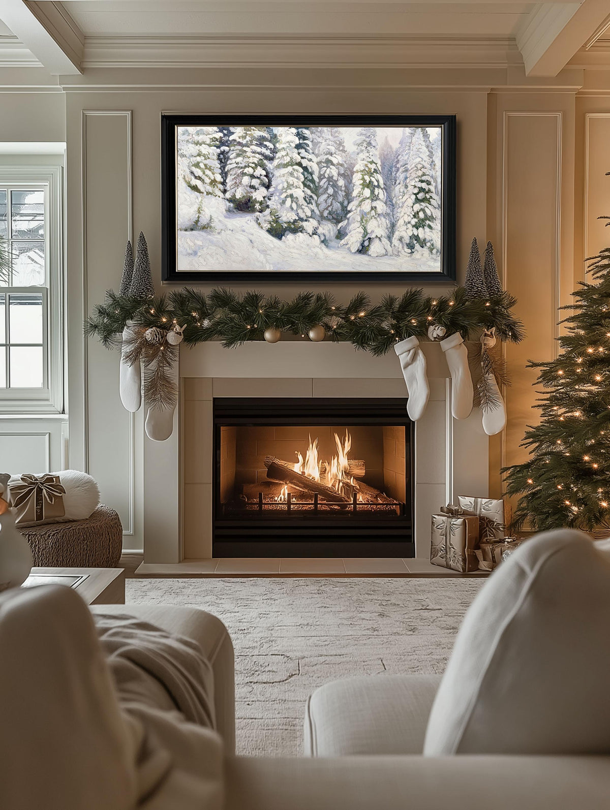 Christmas Frame TV Art | Snowy Pine Tree | French Country | Rustic Farmhouse | Winter Landscape | Vintage Holiday | Digital Oil Painting