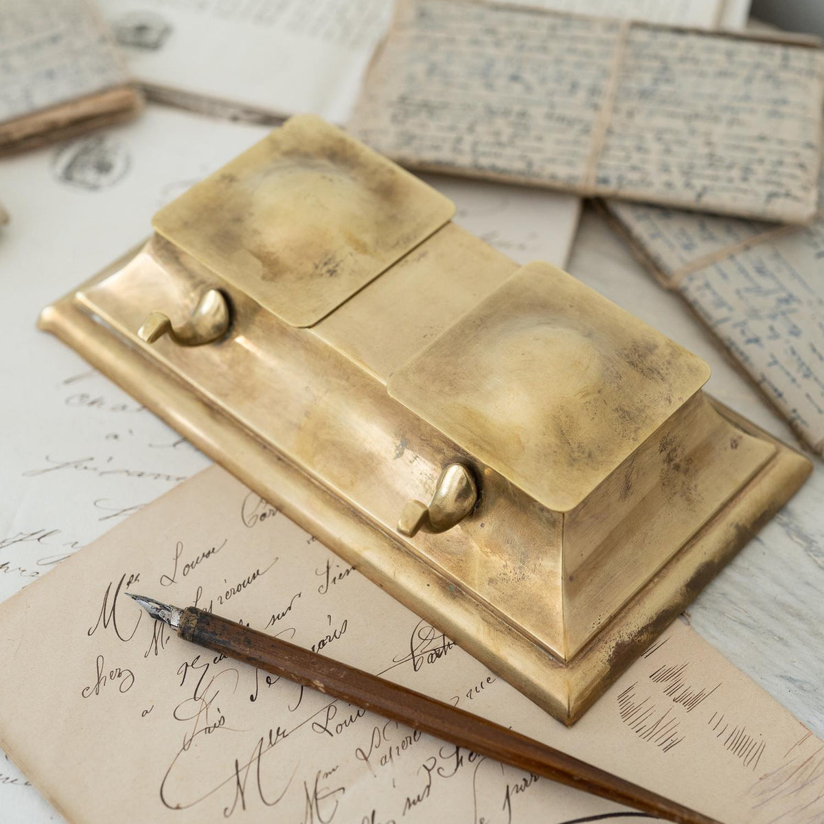 Antique English Brass Inkwell, Gorgeous Modern Clean Lines with Glass Inserts, Unique Father's Day or Lawyer Gift, Calligraphy Pen Holder