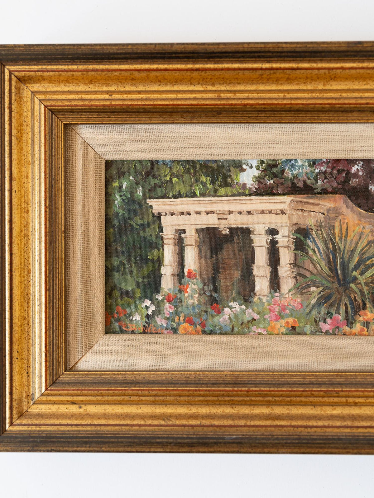 Small Vintage Framed Landscape Oil Painting, Original Framed Garden Floral Art on Board, Hand Painted English Countryside Rustic Flowers