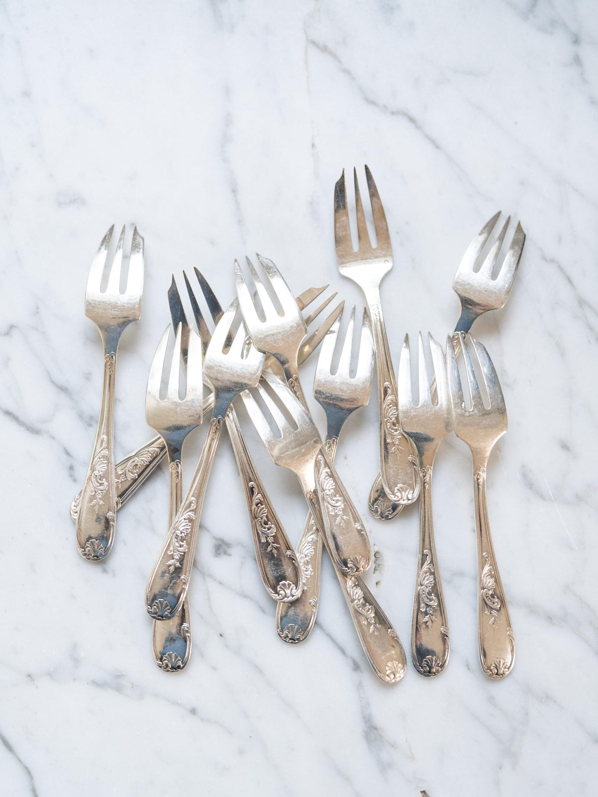Vintage French Hotel Silver Dessert Cake Forks Set of 12, Hotel Silver Plate, Rustic Farmhouse Kitchen, Vintage Floral Silverware