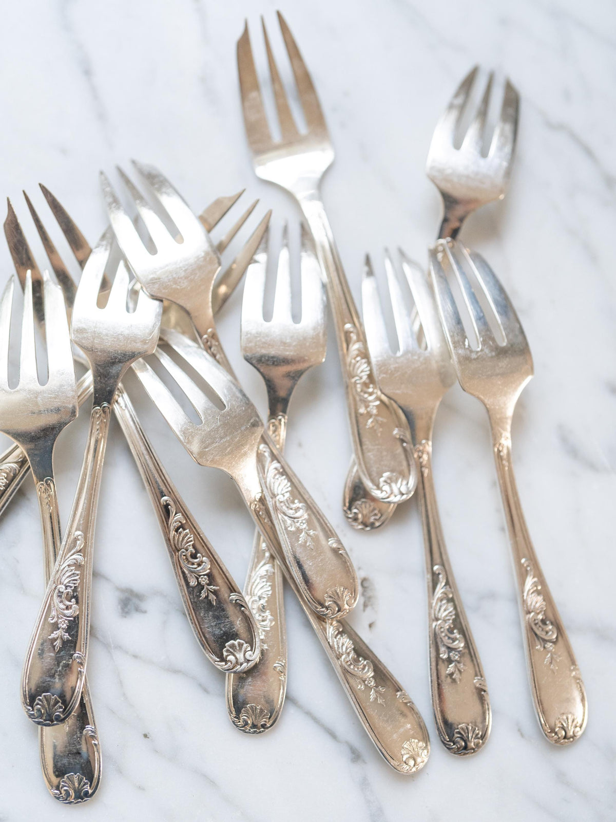 Vintage French Hotel Silver Dessert Cake Forks Set of 12, Hotel Silver Plate, Rustic Farmhouse Kitchen, Vintage Floral Silverware