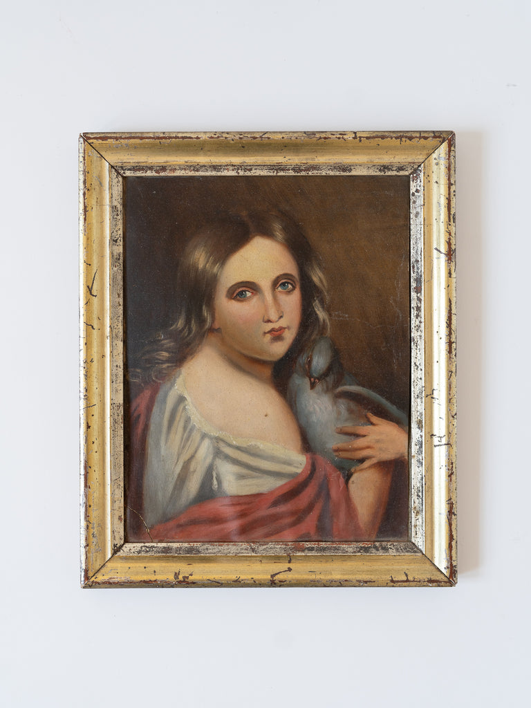 Antique French Oil Painting Portrait with Dove, Oil on Paper in Water Gilt Frame