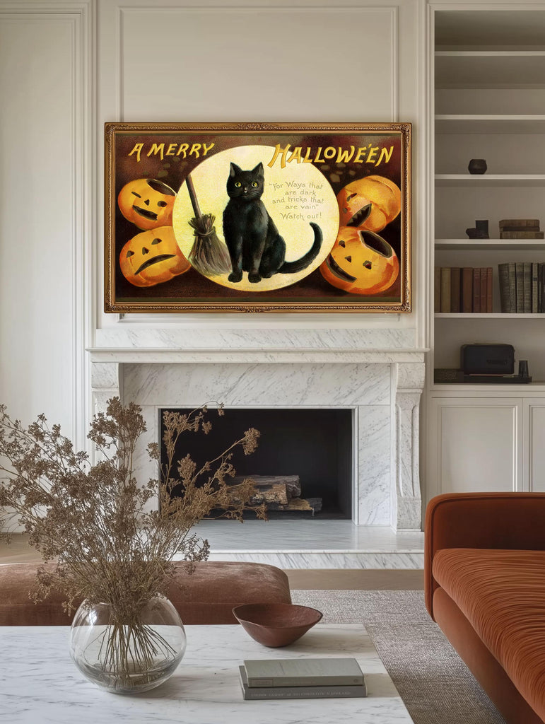 Halloween Art for Frame TV | Black Cat Halloween | Digital Download Painting | Vintage Art for Frame TV | Happy Halloween Pumpkin