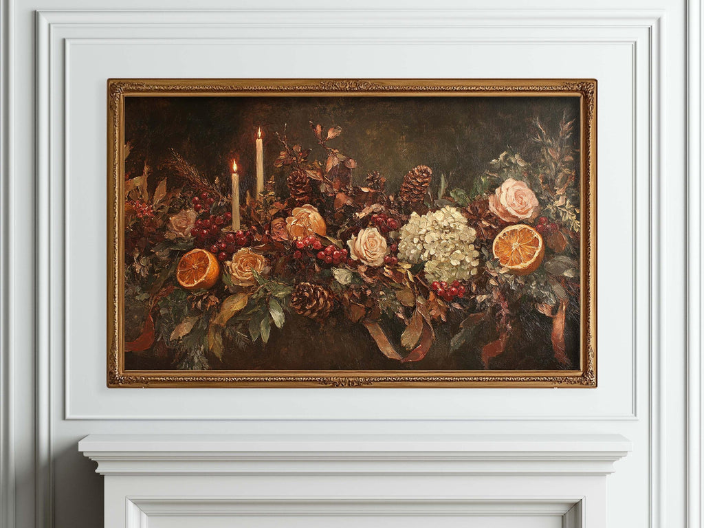 Christmas Frame TV Art | Floral Mantel Garland | Digital Download | Rustic Farmhouse | Samsung Frame TV Art | French Country Oil Painting