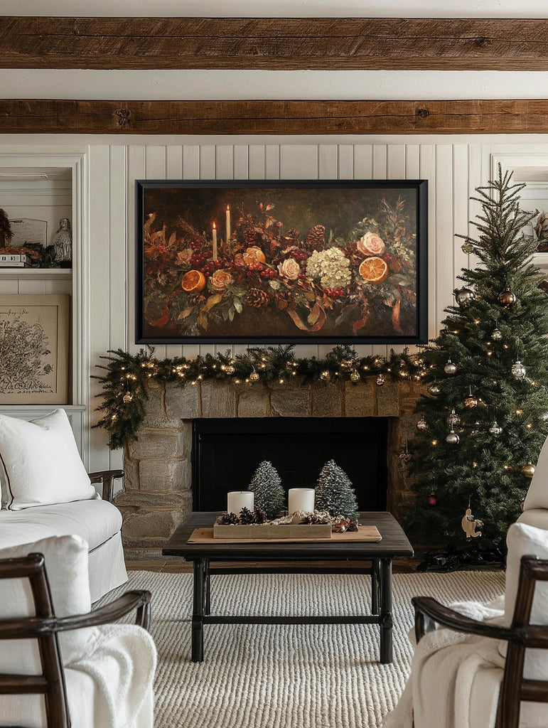 Christmas Frame TV Art | Floral Mantel Garland | Digital Download | Rustic Farmhouse | Samsung Frame TV Art | French Country Oil Painting