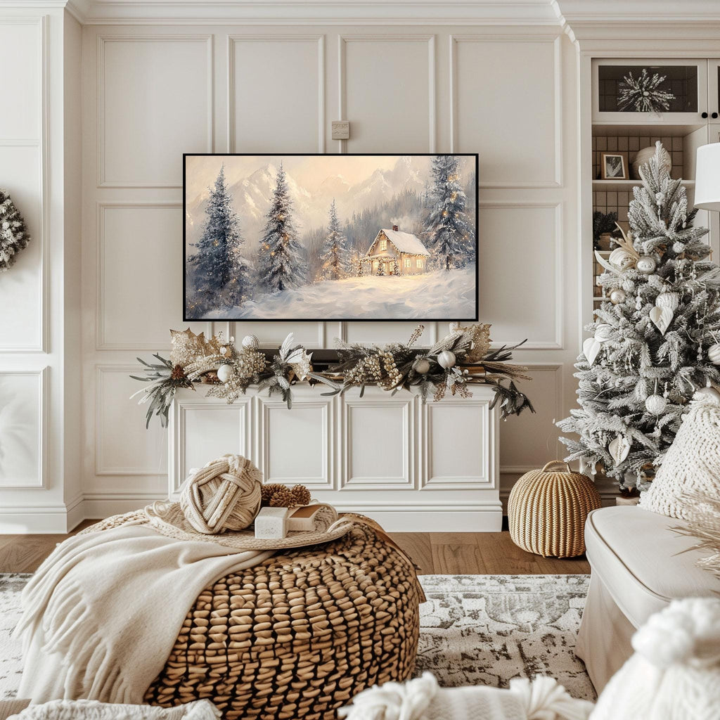 Snowy Christmas Trees Cabin Frame TV Art, Neutral Beige Holiday Winter Landscape Forest Painting TV Screensaver, Modern Farmhouse Decor