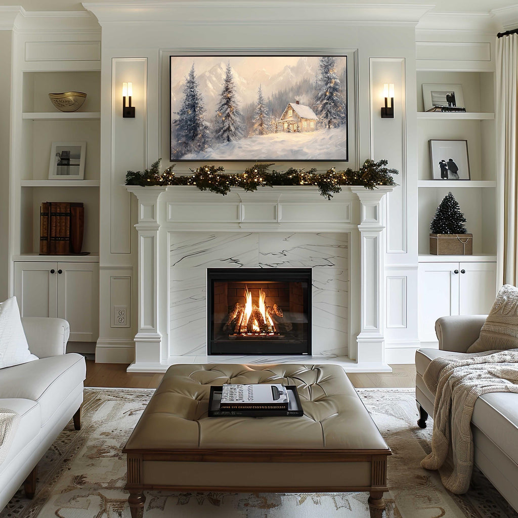 Snowy Christmas Trees Cabin Frame TV Art, Neutral Beige Holiday Winter Landscape Forest Painting TV Screensaver, Modern Farmhouse Decor