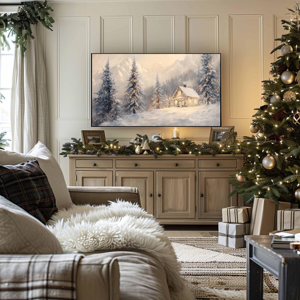 Snowy Christmas Trees Cabin Frame TV Art, Neutral Beige Holiday Winter Landscape Forest Painting TV Screensaver, Modern Farmhouse Decor