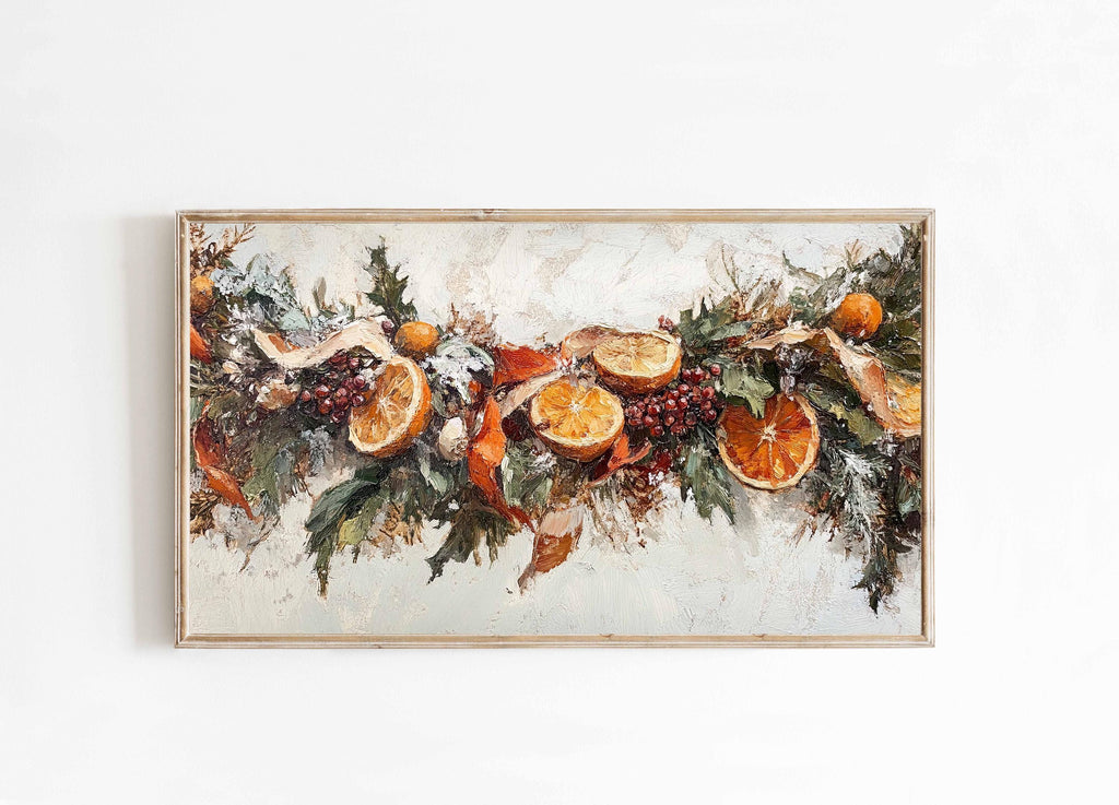 Botanical Christmas Frame TV Art, Garland Citrus Lemon Evergreen, Vintage Christmas Samsung Frame Tv Art, Holiday Painting TV Screensaver