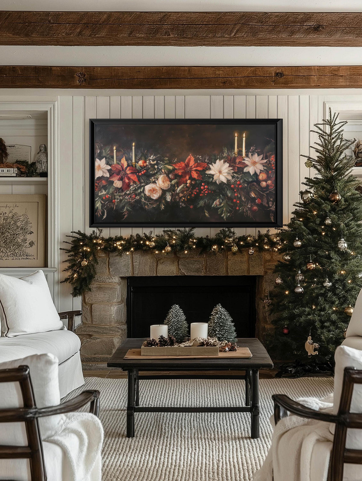 Vintage Winter Floral Christmas Frame TV Art, Holiday Botanical Flower Painting TV Digital Download, Dark Academia Moody Christmas Decor