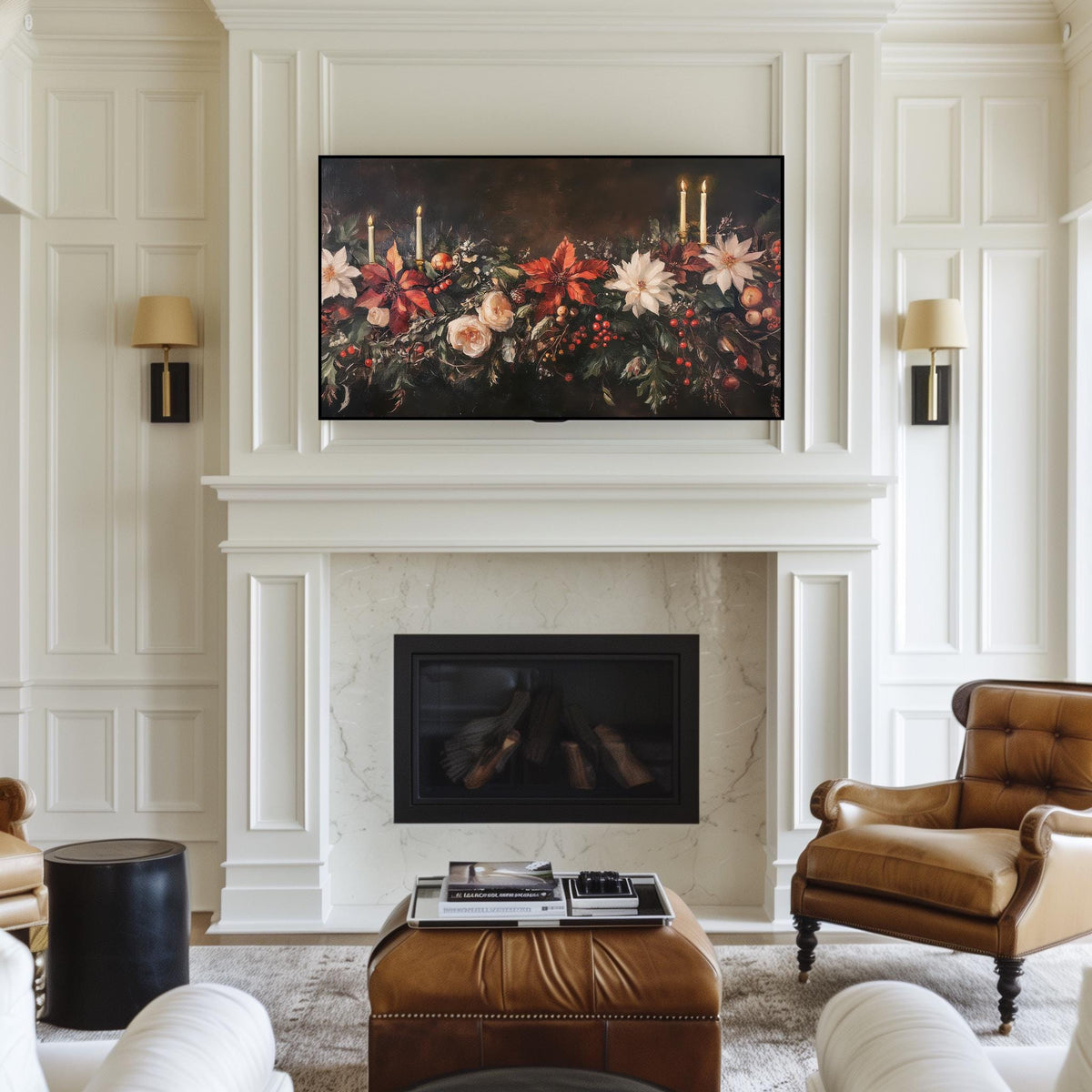 Vintage Winter Floral Christmas Frame TV Art, Holiday Botanical Flower Painting TV Digital Download, Dark Academia Moody Christmas Decor