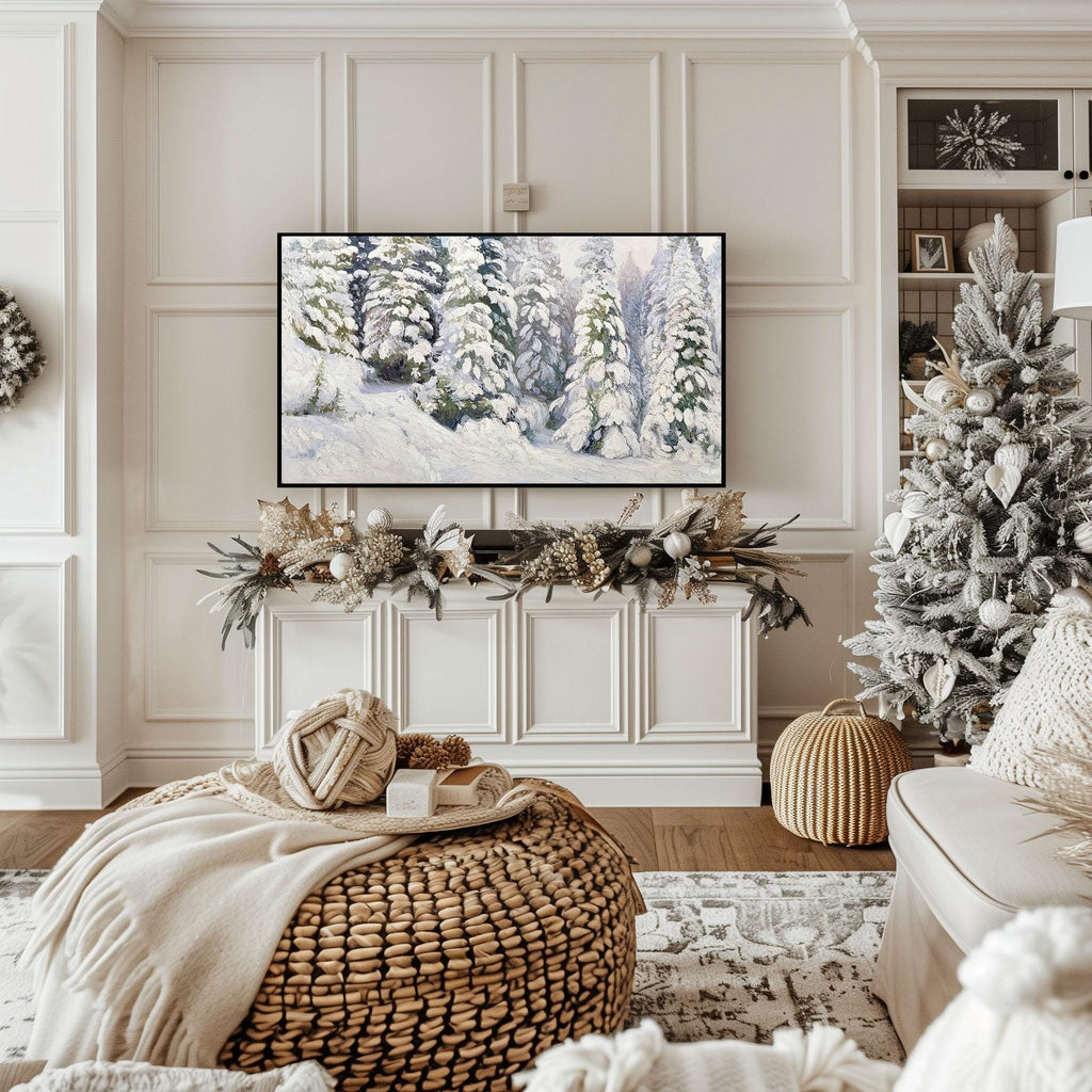 Christmas Frame TV Art | Snowy Pine Tree | French Country | Rustic Farmhouse | Winter Landscape | Vintage Holiday | Digital Oil Painting