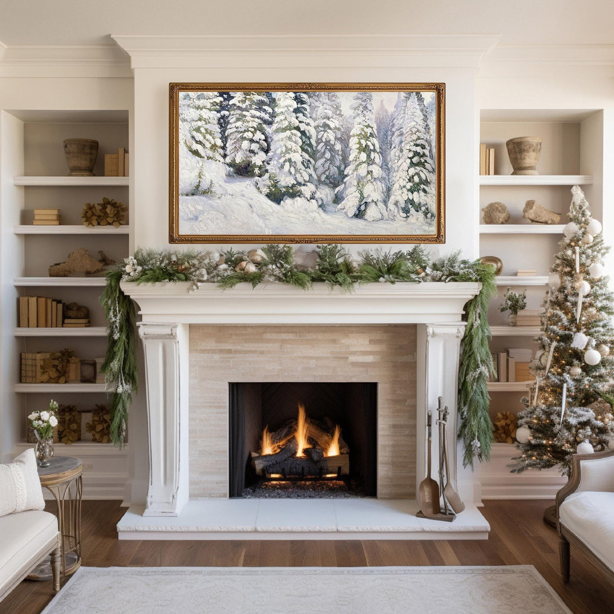 Christmas Frame TV Art | Snowy Pine Tree | French Country | Rustic Farmhouse | Winter Landscape | Vintage Holiday | Digital Oil Painting