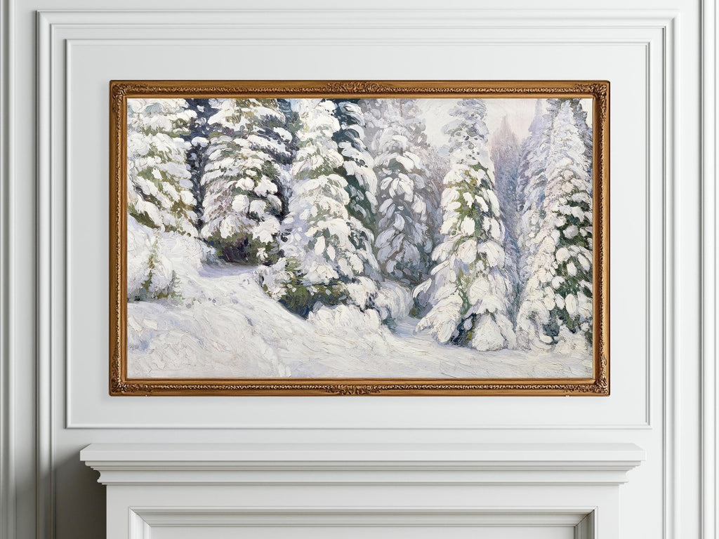 Christmas Frame TV Art | Snowy Pine Tree | French Country | Rustic Farmhouse | Winter Landscape | Vintage Holiday | Digital Oil Painting