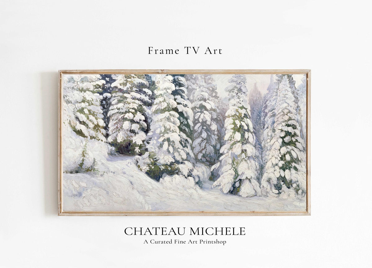 Christmas Frame TV Art | Snowy Pine Tree | French Country | Rustic Farmhouse | Winter Landscape | Vintage Holiday | Digital Oil Painting