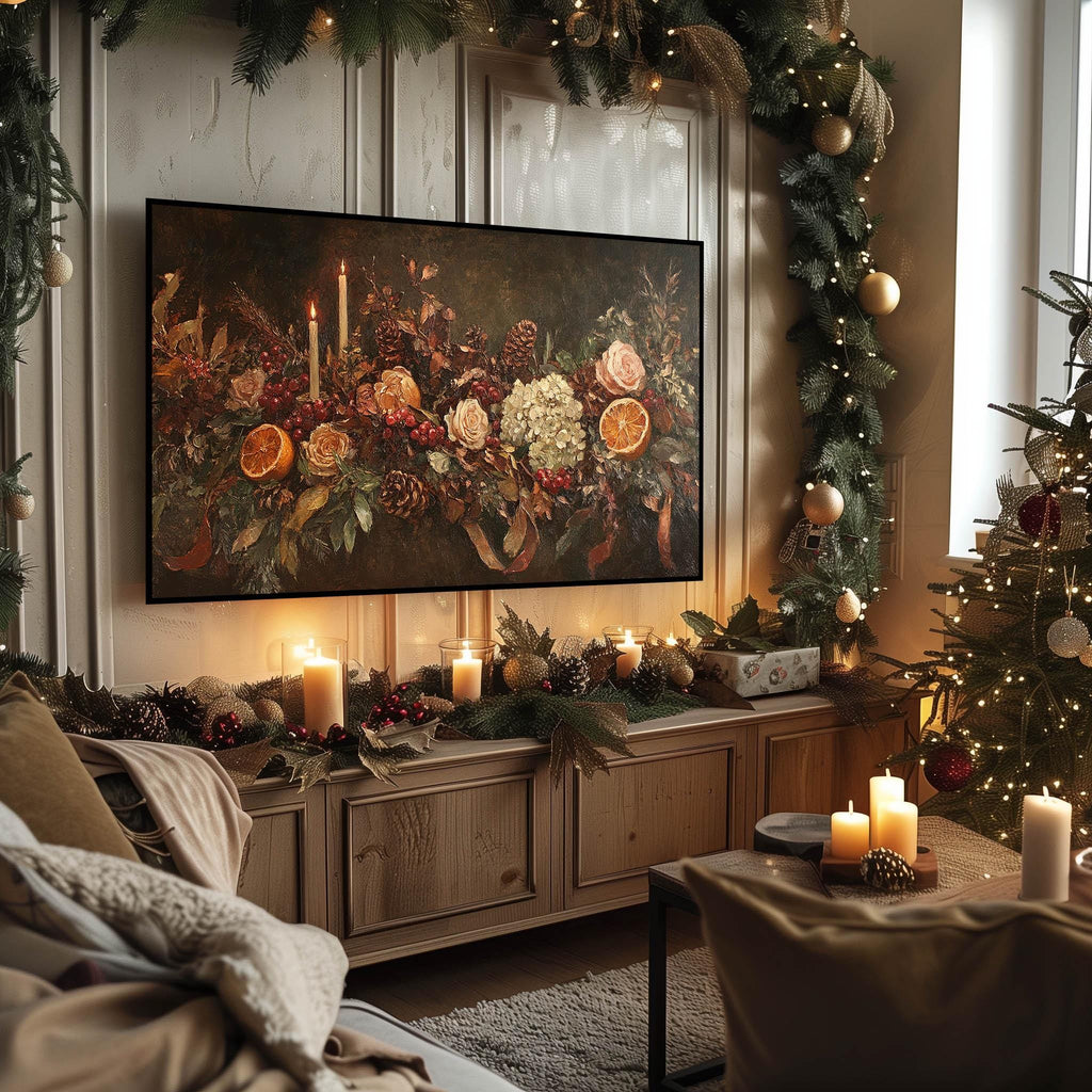 Christmas Frame TV Art | Floral Mantel Garland | Digital Download | Rustic Farmhouse | Samsung Frame TV Art | French Country Oil Painting