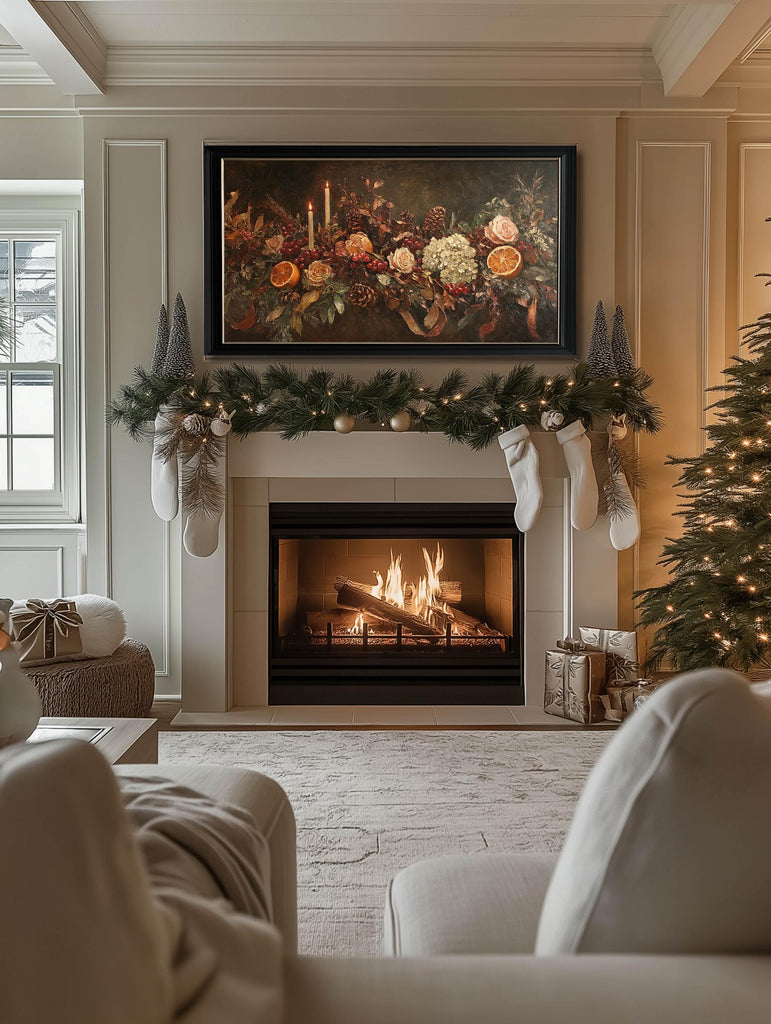 Christmas Frame TV Art | Floral Mantel Garland | Digital Download | Rustic Farmhouse | Samsung Frame TV Art | French Country Oil Painting