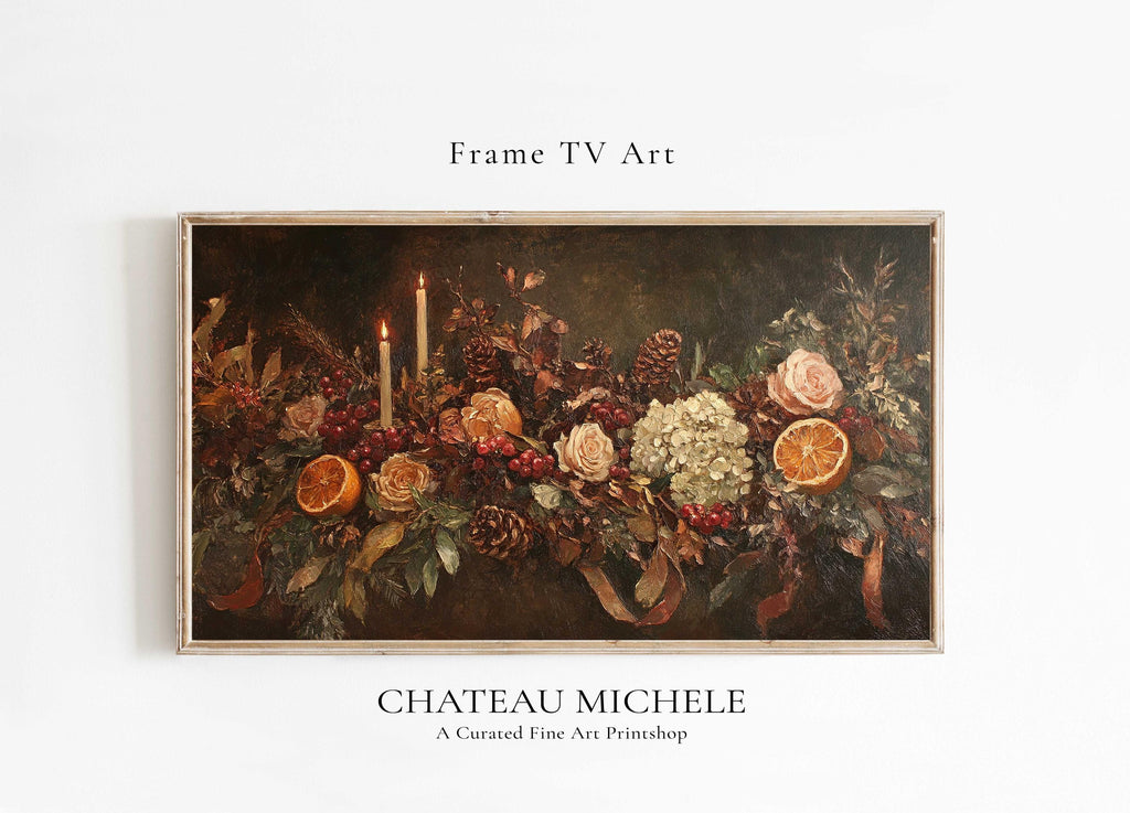 Christmas Frame TV Art | Floral Mantel Garland | Digital Download | Rustic Farmhouse | Samsung Frame TV Art | French Country Oil Painting