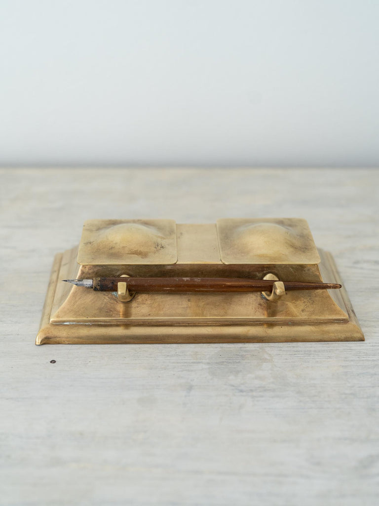 Antique English Brass Inkwell, Gorgeous Modern Clean Lines with Glass Inserts, Unique Father&#39;s Day or Lawyer Gift, Calligraphy Pen Holder