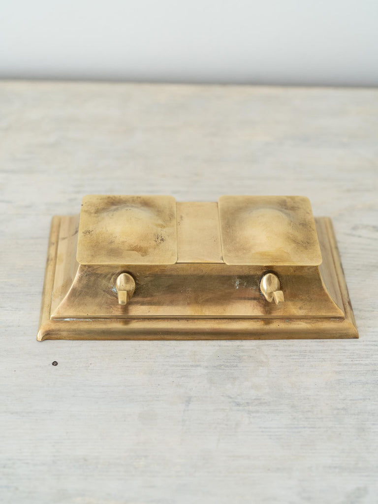 Antique English Brass Inkwell, Gorgeous Modern Clean Lines with Glass Inserts, Unique Father&#39;s Day or Lawyer Gift, Calligraphy Pen Holder