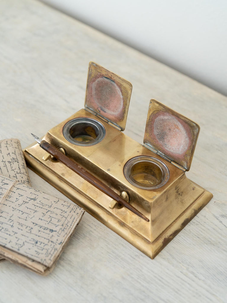 Antique English Brass Inkwell, Gorgeous Modern Clean Lines with Glass Inserts, Unique Father&#39;s Day or Lawyer Gift, Calligraphy Pen Holder