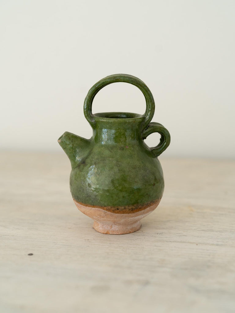 Vintage Petite French Ceramic Confit Pottery, French Country Farmhouse Rustic Decor, Glazed Green Floral Pot Vase, Vintage Oil Jug