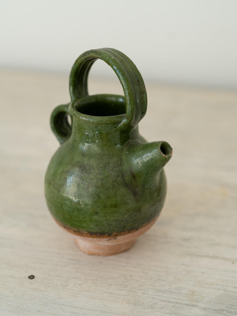 Vintage Petite French Ceramic Confit Pottery, French Country Farmhouse Rustic Decor, Glazed Green Floral Pot Vase, Vintage Oil Jug