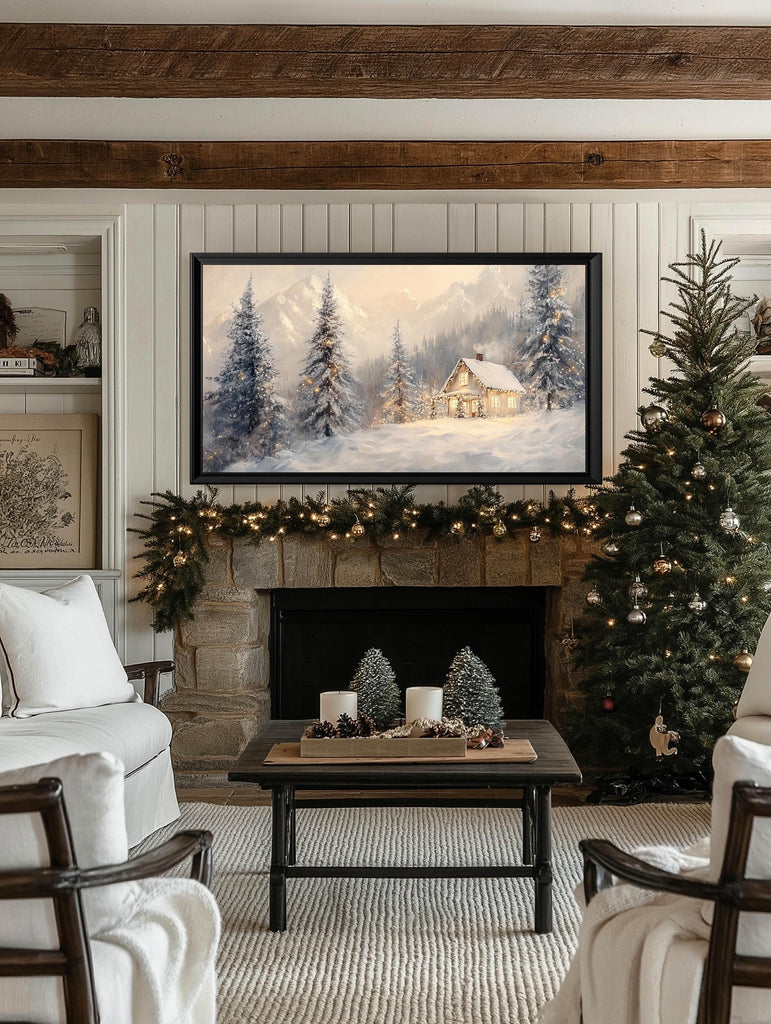 Snowy Christmas Trees Cabin Frame TV Art, Neutral Beige Holiday Winter Landscape Forest Painting TV Screensaver, Modern Farmhouse Decor