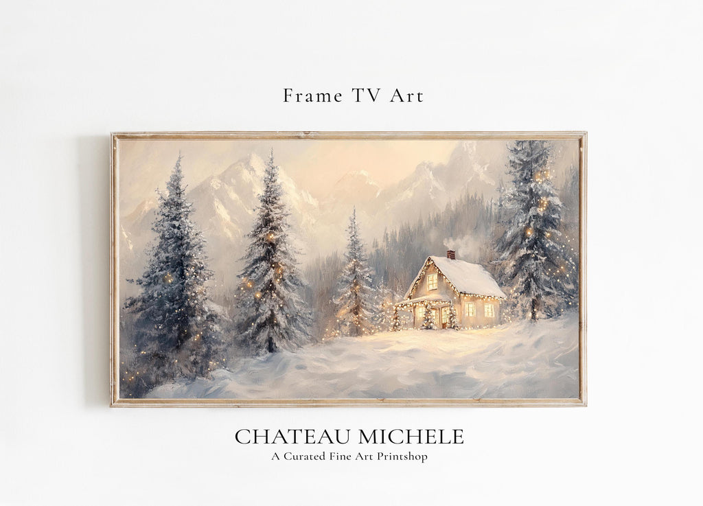 Snowy Christmas Trees Cabin Frame TV Art, Neutral Beige Holiday Winter Landscape Forest Painting TV Screensaver, Modern Farmhouse Decor