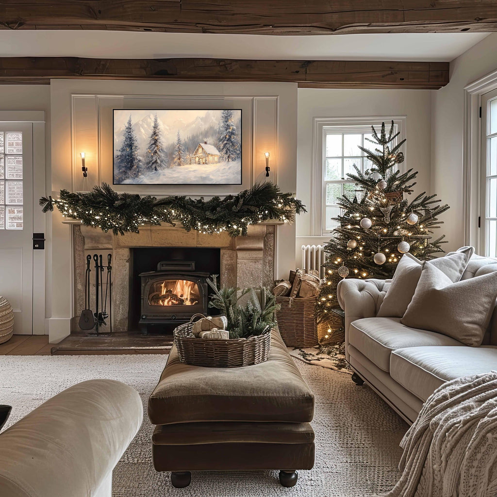 Snowy Christmas Trees Cabin Frame TV Art, Neutral Beige Holiday Winter Landscape Forest Painting TV Screensaver, Modern Farmhouse Decor