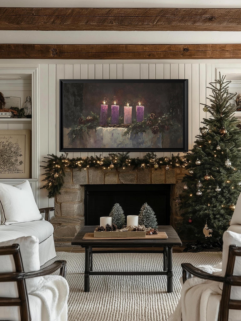 Christmas Advent Wreath Frame TV Art Set, Holiday Candles Painting TV Digital Download, Moody Christmas Decor, Catholic Advent Calendar