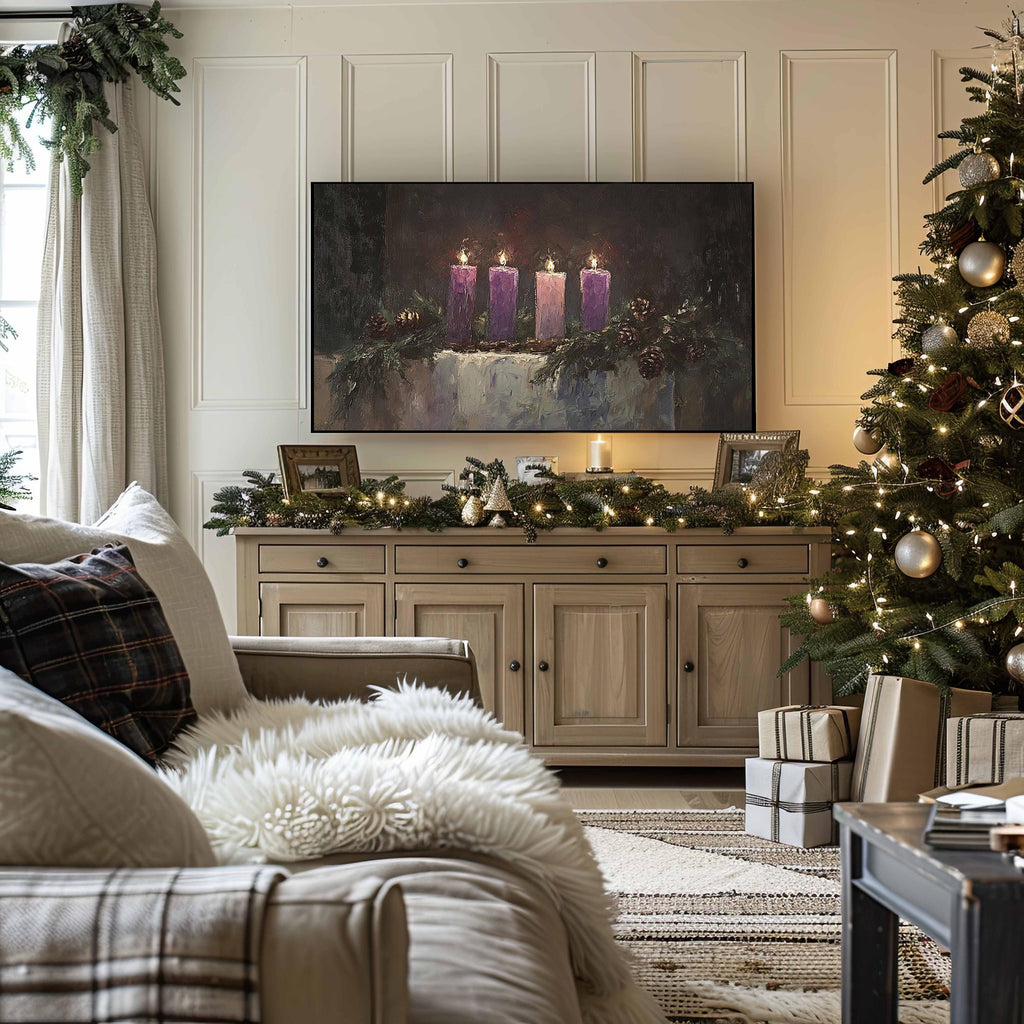 Christmas Advent Wreath Frame TV Art Set, Holiday Candles Painting TV Digital Download, Moody Christmas Decor, Catholic Advent Calendar