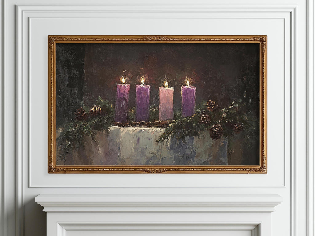 Christmas Advent Wreath Frame TV Art Set, Holiday Candles Painting TV Digital Download, Moody Christmas Decor, Catholic Advent Calendar