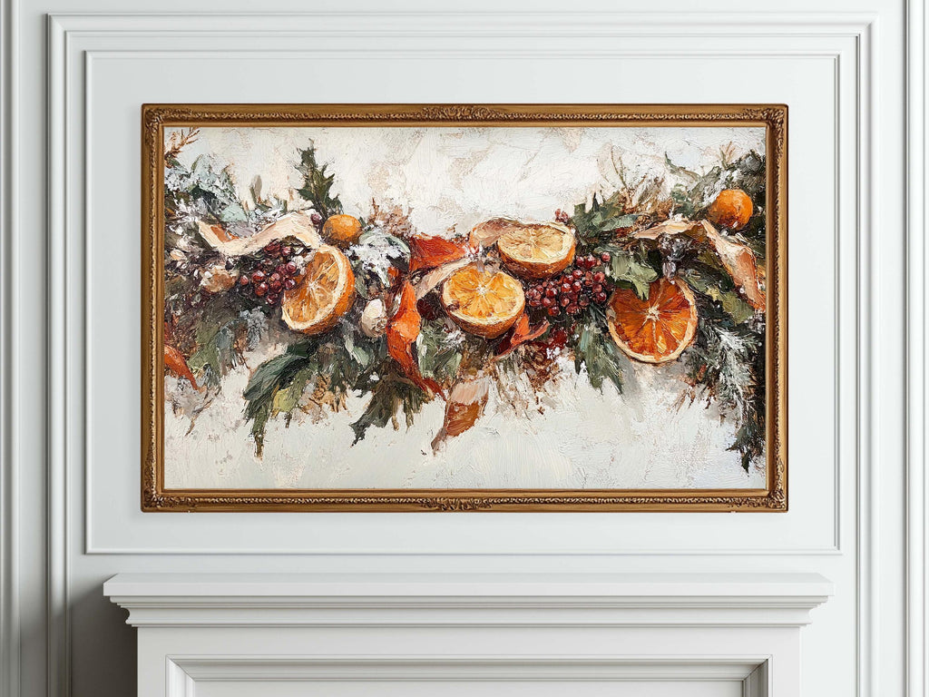 Botanical Christmas Frame TV Art, Garland Citrus Lemon Evergreen, Vintage Christmas Samsung Frame Tv Art, Holiday Painting TV Screensaver