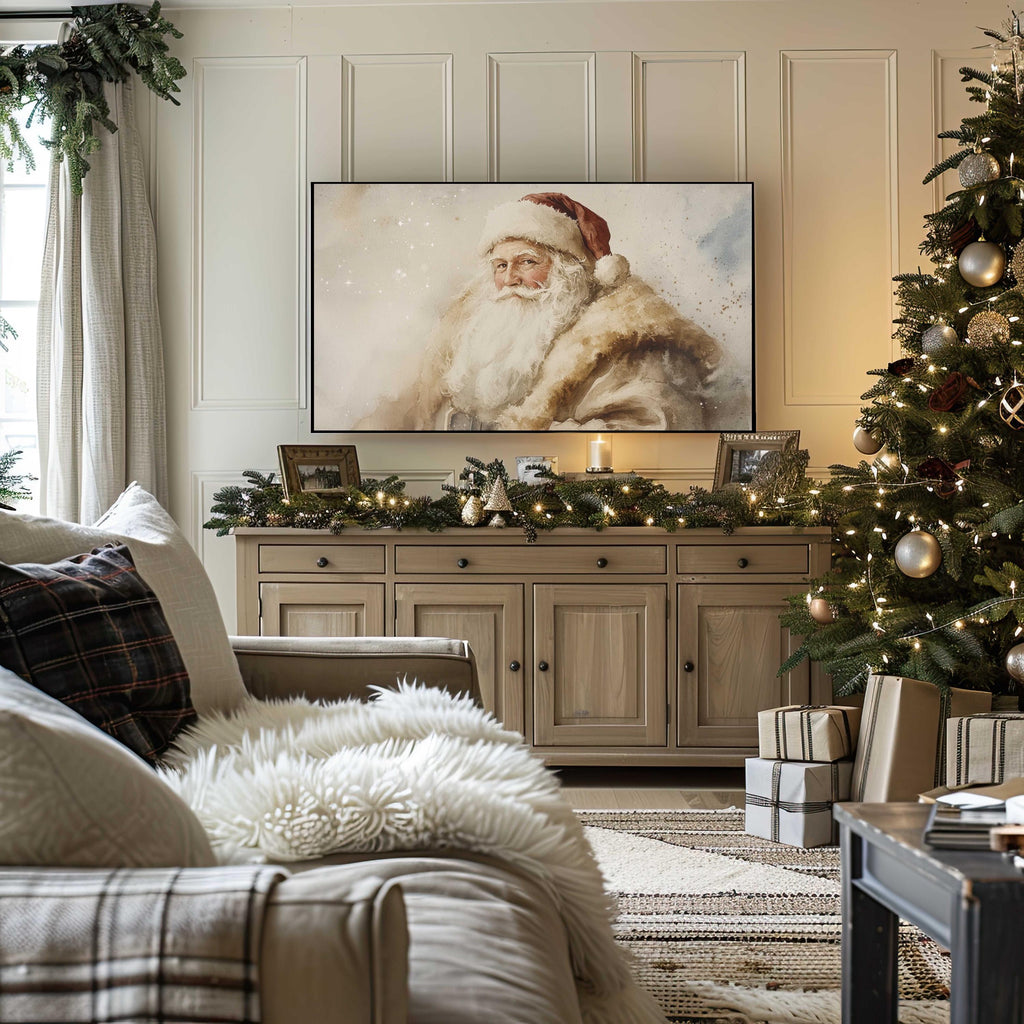 Vintage Santa Christmas Frame TV Art, Neutral Holiday Santa Painting Digital Download, TV Screensaver, Christmas Painting, Christmas Art