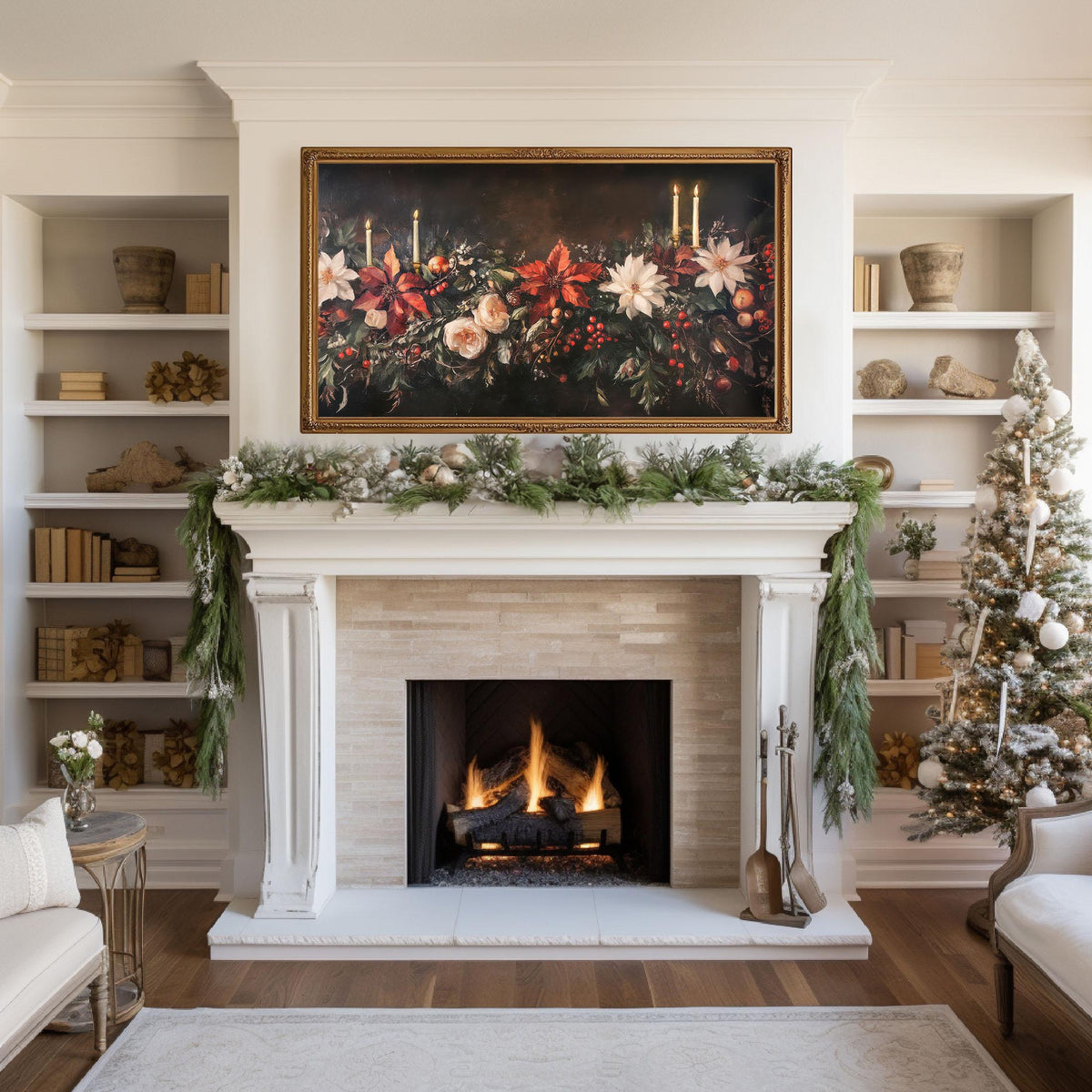 Vintage Winter Floral Christmas Frame TV Art, Holiday Botanical Flower Painting TV Digital Download, Dark Academia Moody Christmas Decor