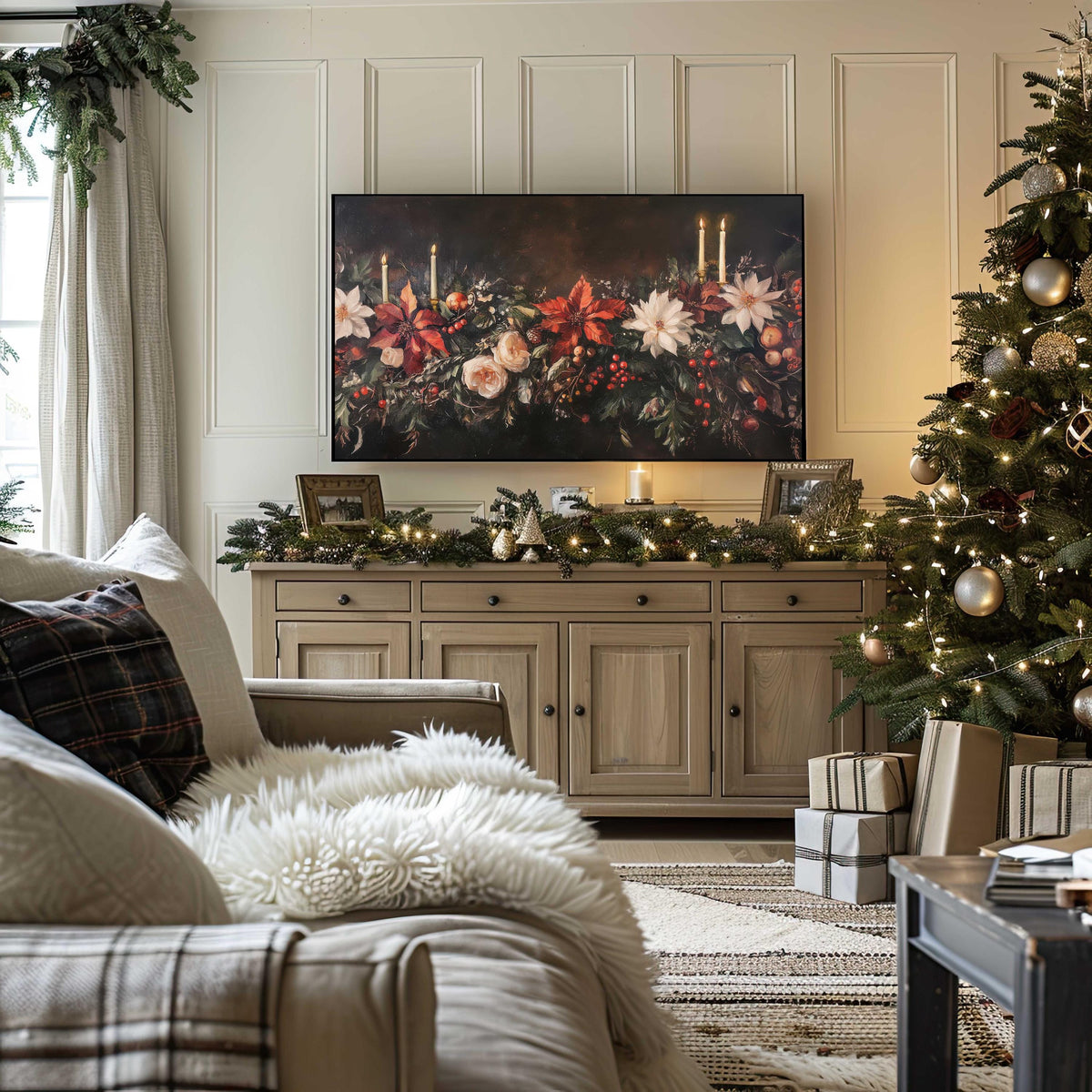 Vintage Winter Floral Christmas Frame TV Art, Holiday Botanical Flower Painting TV Digital Download, Dark Academia Moody Christmas Decor