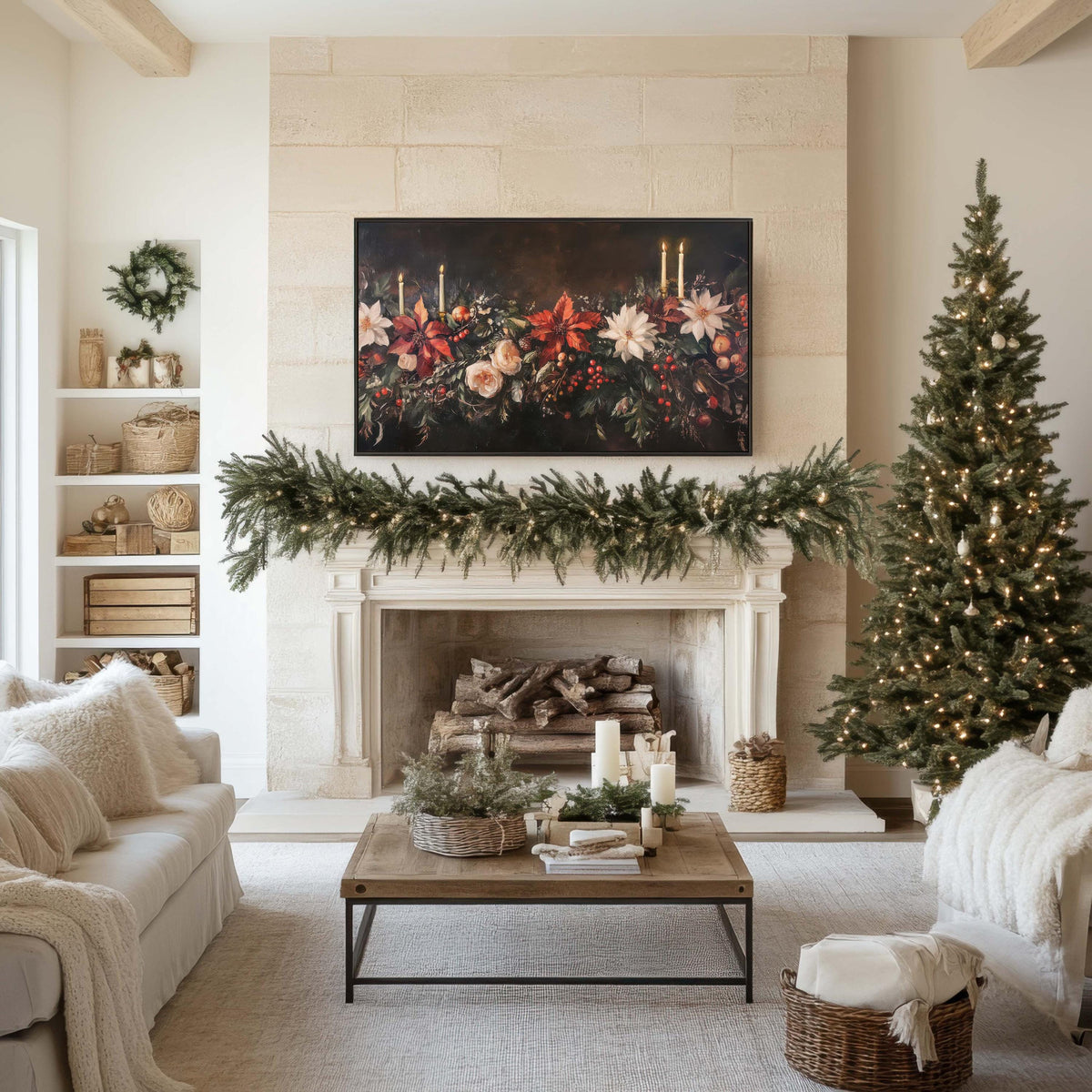 Vintage Winter Floral Christmas Frame TV Art, Holiday Botanical Flower Painting TV Digital Download, Dark Academia Moody Christmas Decor