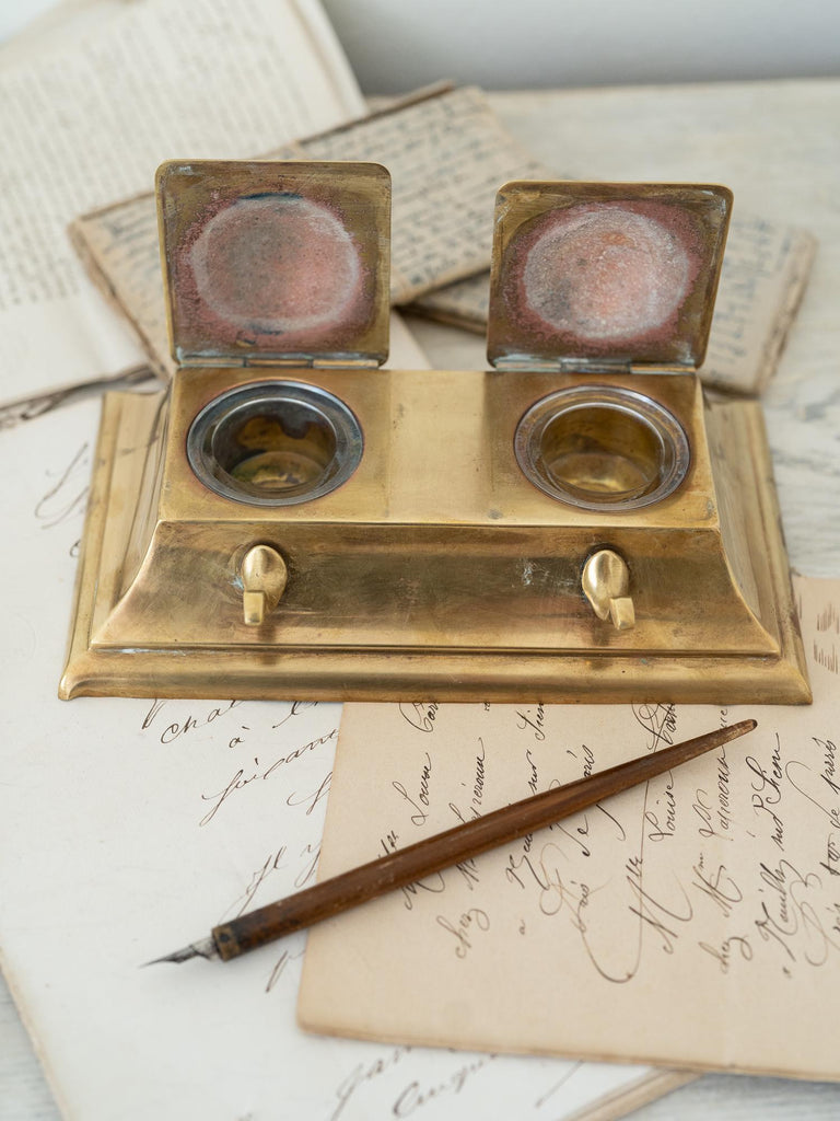 Antique English Brass Inkwell, Gorgeous Modern Clean Lines with Glass Inserts, Unique Father&#39;s Day or Lawyer Gift, Calligraphy Pen Holder