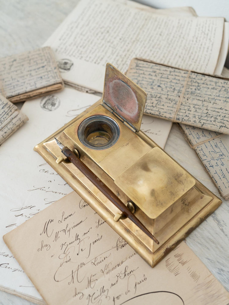 Antique English Brass Inkwell, Gorgeous Modern Clean Lines with Glass Inserts, Unique Father&#39;s Day or Lawyer Gift, Calligraphy Pen Holder