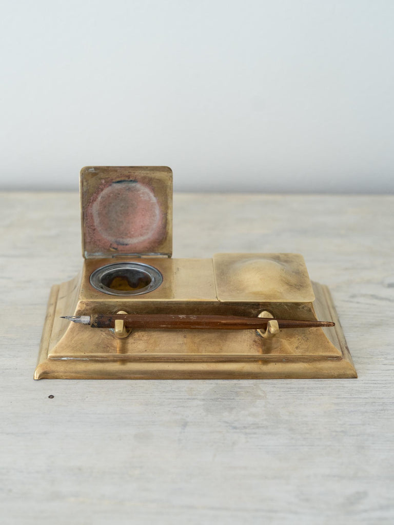 Antique English Brass Inkwell, Gorgeous Modern Clean Lines with Glass Inserts, Unique Father&#39;s Day or Lawyer Gift, Calligraphy Pen Holder