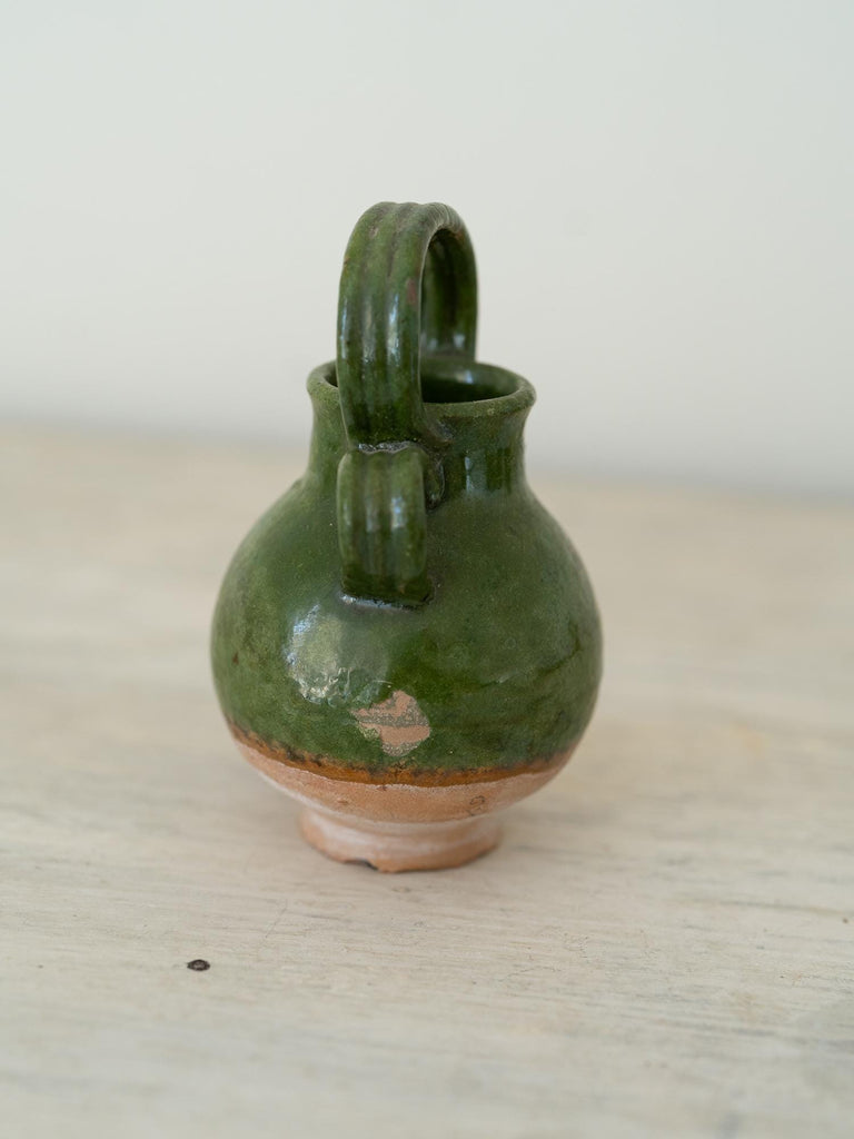 Vintage Petite French Ceramic Confit Pottery, French Country Farmhouse Rustic Decor, Glazed Green Floral Pot Vase, Vintage Oil Jug