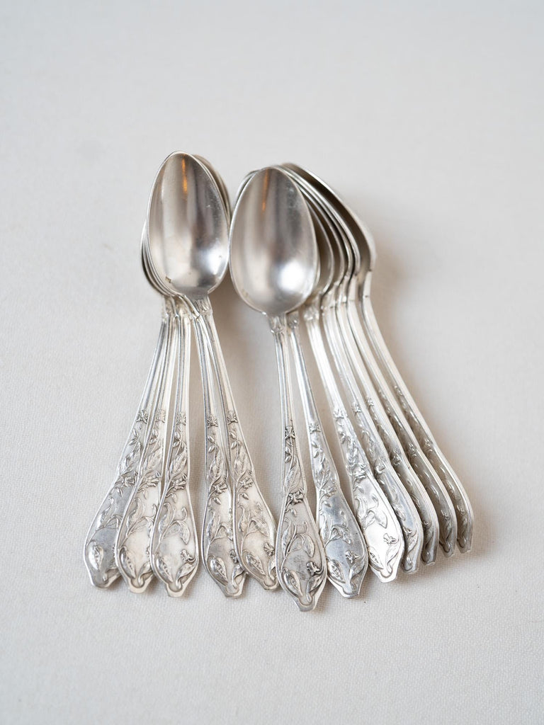 Vintage French Hotel Silver Teaspoons Set of 12, Hotel Silver Plate, Rustic Farmhouse Kitchen, Vintage Floral Silverware, French Silverware