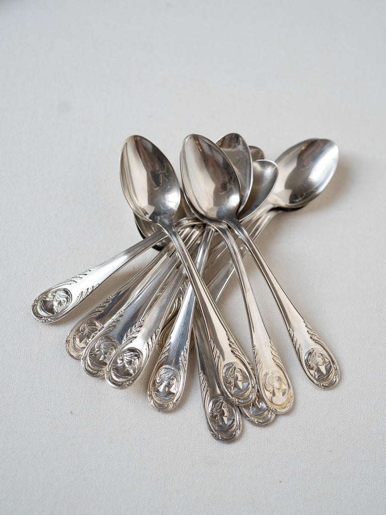 Vintage French Hotel Silver Teaspoons Set, Hotel Silver Plate, Rustic Farmhouse Kitchen, Vintage Floral Silverware, French Silverware, Cameo