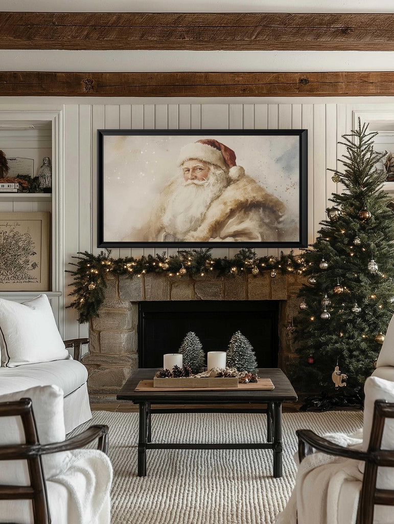 Vintage Santa Christmas Frame TV Art, Neutral Holiday Santa Painting Digital Download, TV Screensaver, Christmas Painting, Christmas Art