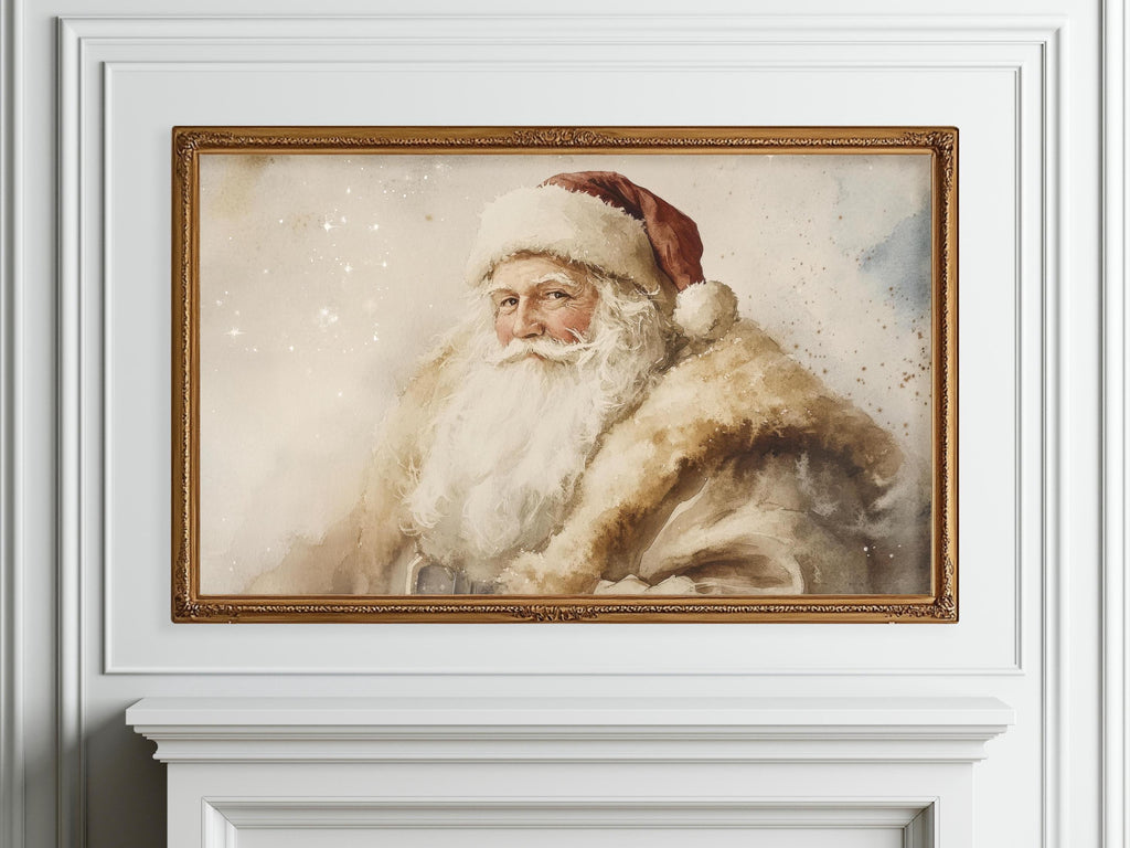 Vintage Santa Christmas Frame TV Art, Neutral Holiday Santa Painting Digital Download, TV Screensaver, Christmas Painting, Christmas Art