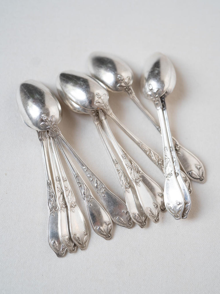 Vintage French Hotel Silver Teaspoons Set of 12, Hotel Silver Plate, Rustic Farmhouse Kitchen, Vintage Floral Silverware, French Silverware